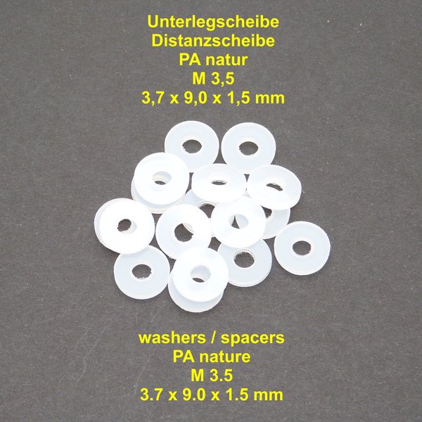 M 3,5 Unterlegscheibe Distanzscheibe ohne Fase 3,7 x 9,0 x 1,5 mm Kunststoff PA natur